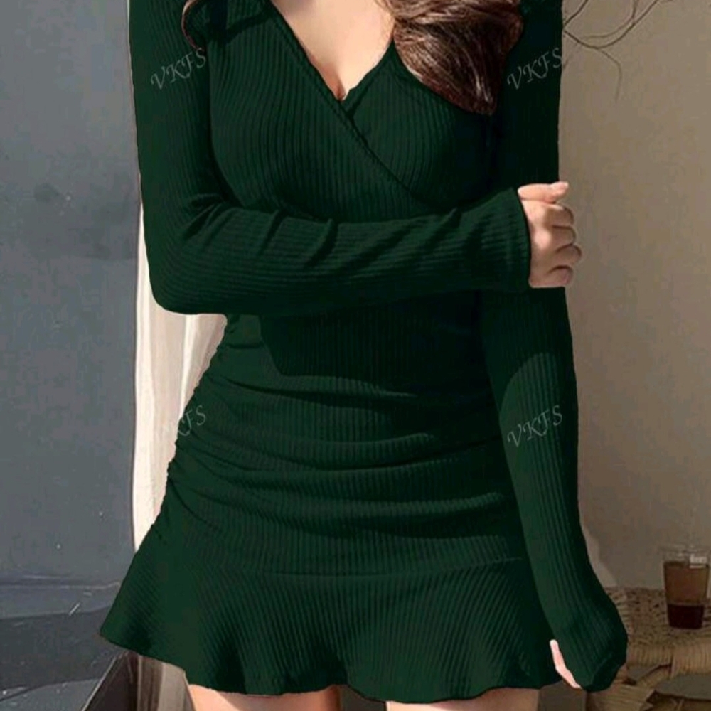 Long Sleev Green Ribbed Ruffle Detail Dress